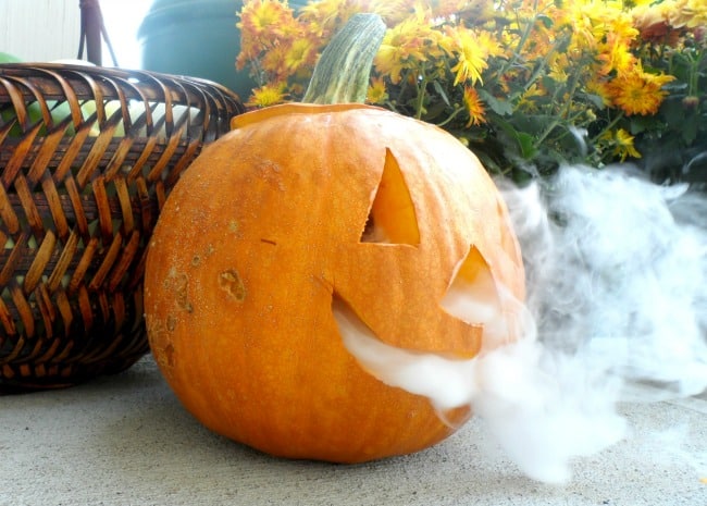 This smoking jack-o-lantern is a fun decoration to surprise your trick-or-treaters with for Halloween.