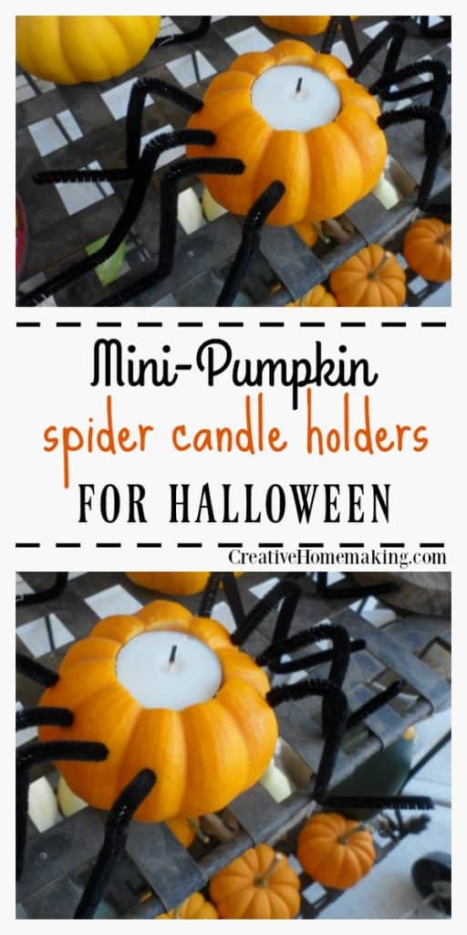 Mini pumpkin spider candle holders. Easy indoor or outdoor Halloween decoration idea!