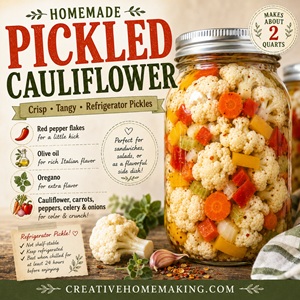 Learn how to make crisp, flavorful refrigerator pickled cauliflower with simple pantry ingredients and fresh vegetables. Perfect for charcuterie boards, sandwiches, and salads. Enjoy Simple Homemade Living, From Scratch Living, and easy preserving recipes all year long.