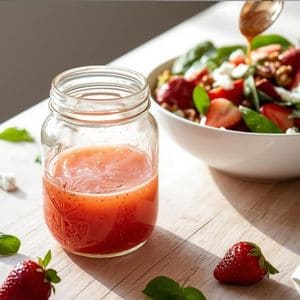 Healthy strawberry basil vinaigrette drizzled over a summer spinach salad with nuts and cheese