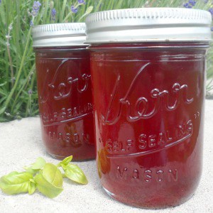 Two half pint jars of homemade strawberry basil vinaigrette