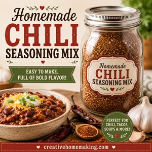 Skip the store-bought packets and make your own homemade chili seasoning mix with simple pantry spices. This flavorful blend is perfect for chili, soups, tacos, and more while supporting from scratch living, a DIY pantry, and simple homemade living.