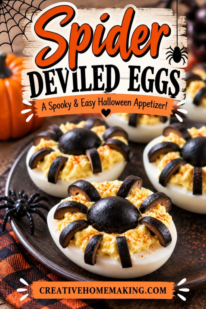 These spooky spider deviled eggs make a fun Halloween appetizer for parties and family gatherings. Black olives turn ordinary deviled eggs into cute little spiders, making them perfect Halloween party food.