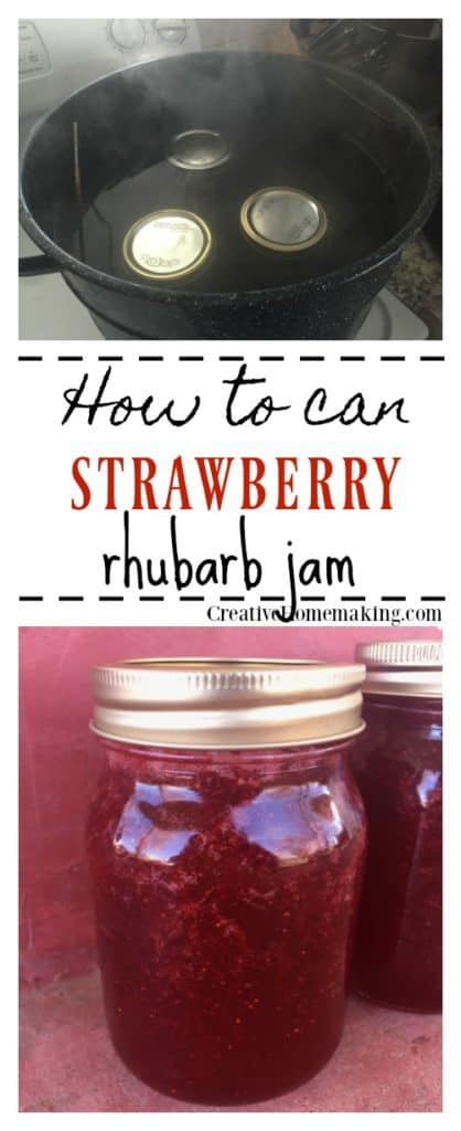 Easy step-by-step instructions for making and canning strawberry rhubarb jam from fresh strawberries and rhubarb from the garden.