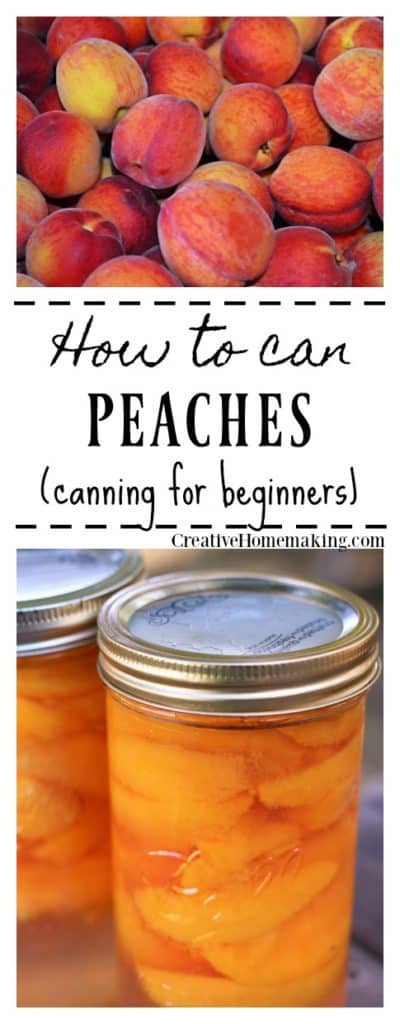 Easy recipe for canning peaches, includes how to can peaches in light syrup or in water with no sugar. Great canning recipe for beginners! 