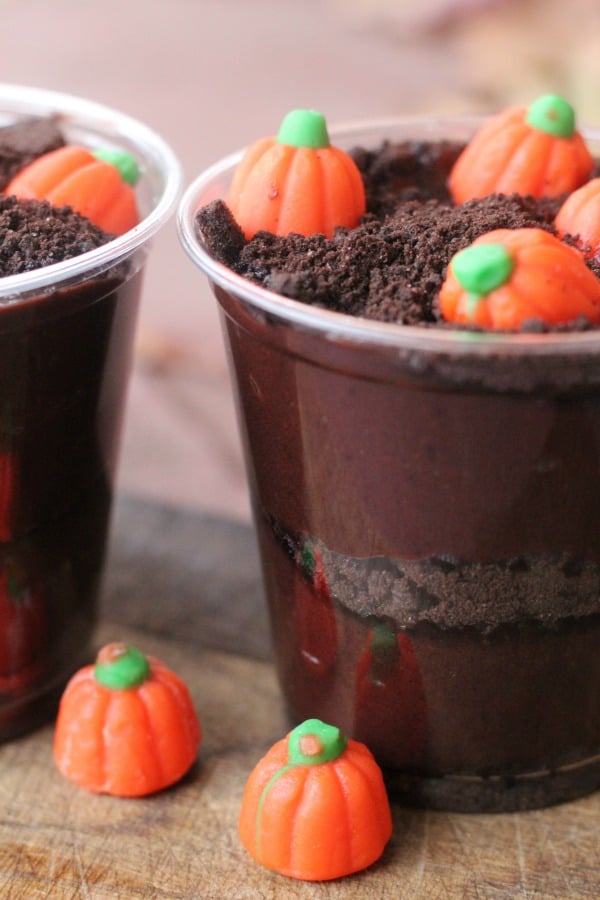 These easy pumpkin patch dirt cups are a fun fall or Halloween treat for children's parties.