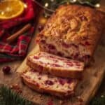 Cranberry orange loaf cake garnished with orange slices and sugared cranberries