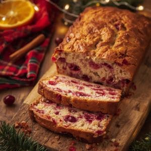 Cranberry orange loaf cake garnished with orange slices and sugared cranberries