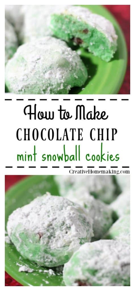 Easy chocolate chip mint snowball cookie recipe. Great Christmas cookie idea for holiday cookie exchanges.