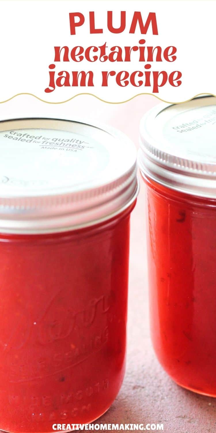 Homemade nectarine plum jam in a jar with fresh nectarines and plums