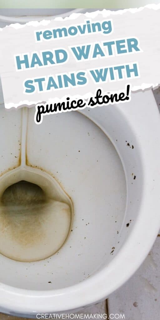 How to remove hard water stains in your toilet with pumice stone. One of my favorite bathroom cleaning hacks!