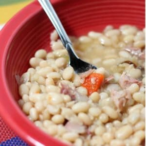 Quick and easy ham and bean soup that you can make in your crock pot with a leftover ham bone.