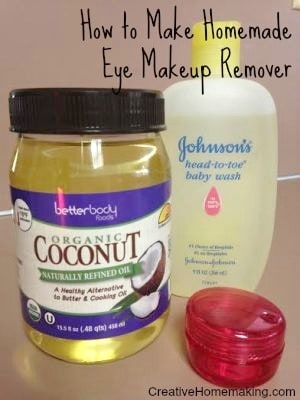Easy homemade eye makeup remover made from coconut oil and baby shampoo.