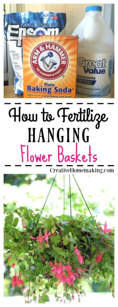 Easy DIY tips for making homemade plant food to fertilize your hanging flower baskets and keep them blooming all summer long.