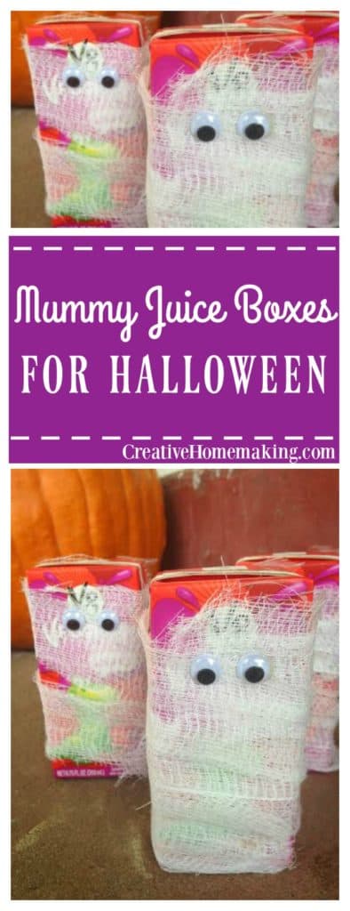 These mummy juice boxes are a fun easy treat to make for your kids for Halloween.