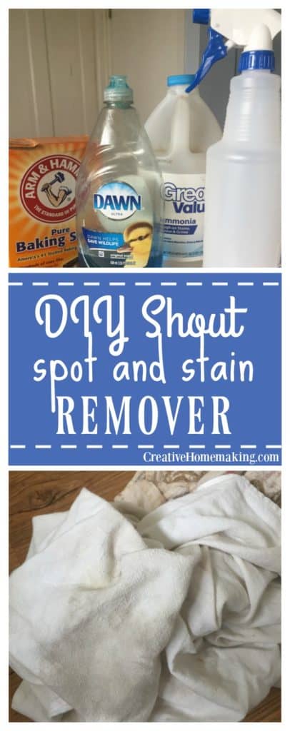 This DIY version of Shout stain remover works just as good as the name brand, and is very easy and inexpensive to make with items you probably already have on hand.