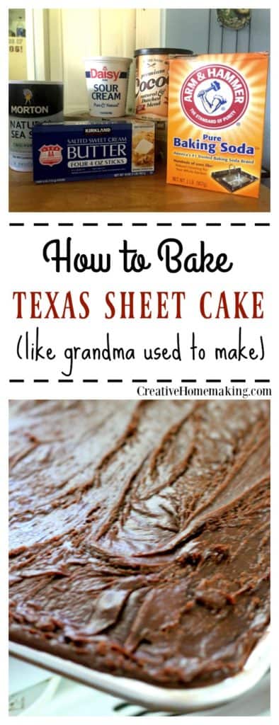 Easy recipe for baking homemade Texas Sheet Cake, just like grandma used to make.