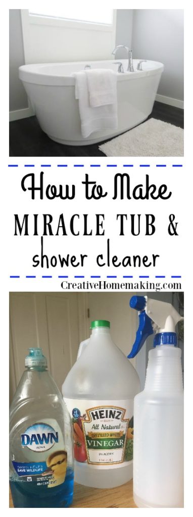 This miracle shower and bathtub cleaner is made from two simple ingredients: white vinegar and Blue Dawn dishwashing liquid. It does a great job on bathroom faucets and soap scum on shower doors!