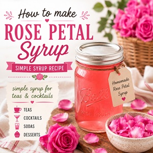 This easy rose petal syrup recipe is floral, beautiful, and perfect for homemade tea drinks, cocktails, desserts, and summer treats. A lovely recipe for simple living, cottage garden flowers, edible flower recipes, and cozy seasonal kitchens. If you enjoy homemade syrups, be sure to try lavender syrup, blueberry syrup, lilac syrup, and simple canning ideas too.