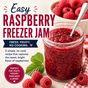 Learn how to make raspberry freezer jam with fresh raspberries, sugar, and pectin. This easy no-cook recipe comes together in just 30 minutes and is perfect for preserving summer berries without canning. Enjoy homemade raspberry jam on toast, biscuits, pancakes, and more.