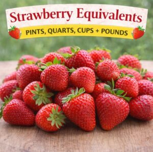 Need to know how many strawberries are in a pint, quart, or pound? This easy strawberry equivalents chart makes measuring simple for canning, freezing, and baking. A must-save guide for strawberry season!