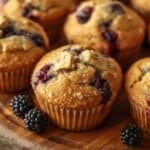 Golden-brown blackberry muffins cooling on a wire rack
