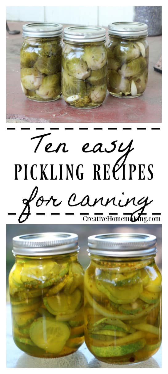 10 easy pickling recipes for canning. Recipes for refrigerator pickles, pickled beets, pickled asparagus, pickled brussel sprouts, pickled cherry tomatoes, pickled red onions, hot garlic dill pickles, and more.