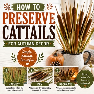 Preserve cattails from late summer so you can use them throughout the fall season. This simple idea for autumn decor is perfect for farmhouse arrangements, vases, and seasonal displays and fits beautifully with simple homemade living.