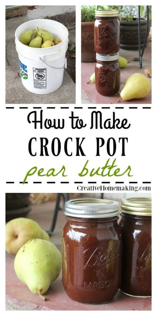 Easy crock pot pear butter recipe to make from fresh pears. One of my favorite fall canning recipes!