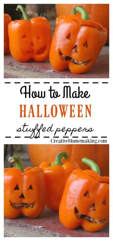 Easy Halloween dinner idea! Make these Halloween stuffed peppers mexican style, with spaghetti, or vegetarian.
