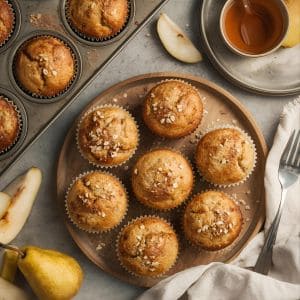 Pear muffins cooling on a wire rack with sliced pears in the background