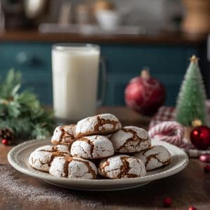 Close-up of gingerbread crinkle cookies with powdered sugar cracks on a holiday napkin