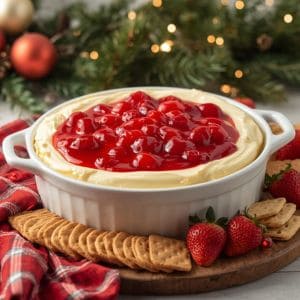 Bowl of creamy cherry cheesecake dip topped with cherry pie filling and graham crackers