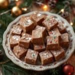 Homemade chocolate fudge with holiday sprinkles on a Christmas platter