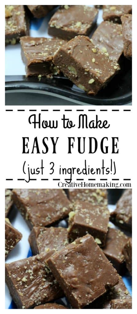 Easy three ingredient fudge recipe made with sweetened condensed milk, chocolate chips, and nuts. One of my favorite quick easy holiday desserts.