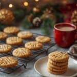 Classic crisscross peanut butter cookies on a wooden table