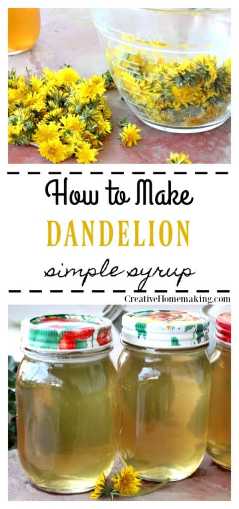 Bowl of fresh picked dandelions and two jars of dandelion syrup.