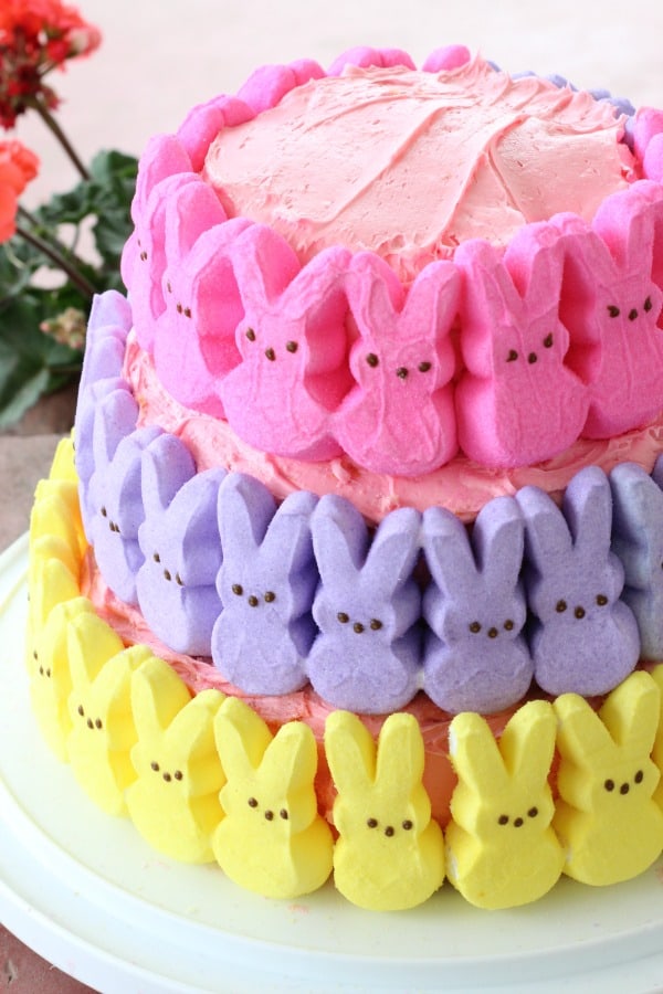 Pink, purple, and yellow peeps cake