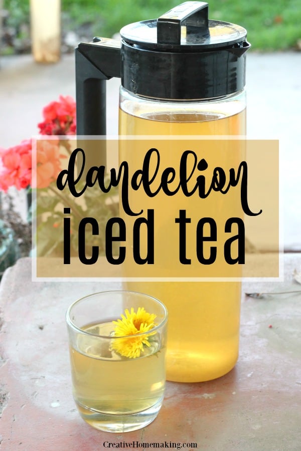 Pitcher of dandelion iced tea sitting on the front porch