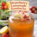 Make refreshing strawberry lemonade kombucha at home with fresh strawberries and bright lemon flavor. This fizzy homemade kombucha recipe is one of the best summer flavors for beginners.