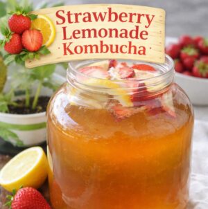 Make refreshing strawberry lemonade kombucha at home with fresh strawberries and bright lemon flavor. This fizzy homemade kombucha recipe is one of the best summer flavors for beginners.