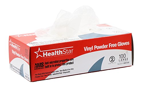 Healthstar Anti-microbial Vinyl Gloves Medium, Disposable, Powder-Free, Food-Safe, Industrial Quality, Comfortable (Box of 100)