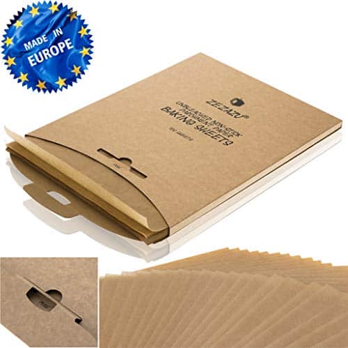 ZeZaZu Parchment Paper Sheets for Baking - MADE IN EUROPE - Precut 12x16 inch (100 Sheets) -RECLOSABLE PACK- Exact Fit for Half-Sheet Baking Pans, Unbleached, Non-stick, Dual-Sided Siliconized Coating