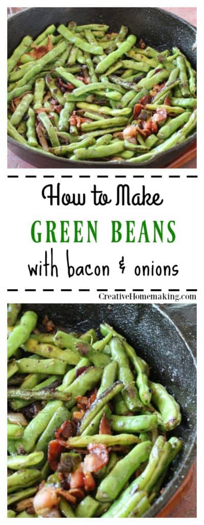 My favorite recipe for easy sauteed green beans with bacon and onions, a great vegetable side dish to serve with chicken, steak, or pork.