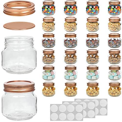 WILLDAN Set of 24-8OZ Mason Jars With Regular Lids Rose Gold Edition - Ideal for Body Scrubs, Lotions, Jam, Honey, Wedding Favors, Shower Favors, Baby Foods, 30 Whiteboard Labels Included
