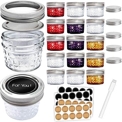 Mini Mason Jars 4 oz - Small Glass Jar with Lids - 15 Pack with Labels - Clear Glass Container for your overnight oats, yogurt, spice, honey, and canning needs