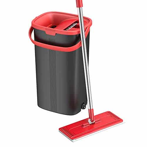 TETHYS Flat Floor Mop and Bucket Set for Professional Home Floor Cleaning System with Aluminum Handle/2-Washable Microfiber Pads Perfect Home + Kitchen Cleaner for Hardwood, Laminate, Tiles, Vinyl