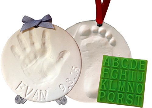 Baby Handprint Keepsake Ornament Kit (Makes 2) - Bonus Stencil for Personalized Christmas Ornaments or Newborn Gifts. With Display Stand! Non-toxic Air Dry Clay. Dries Light & Soft So It Won't Crack.