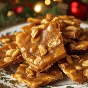 Classic peanut brittle with peanuts and caramel on a holiday-themed platter