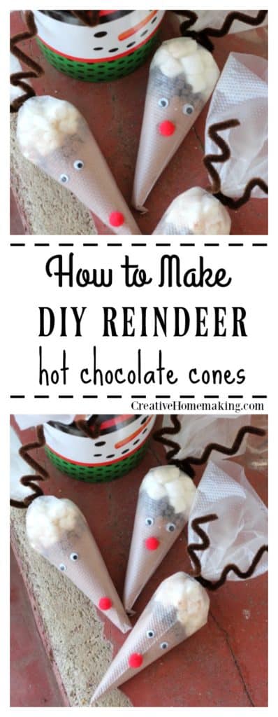 Easy DIY reindeer hot cocoa cones make a great hot chocolate party favor or a simple DIY holiday gift for friends and family.